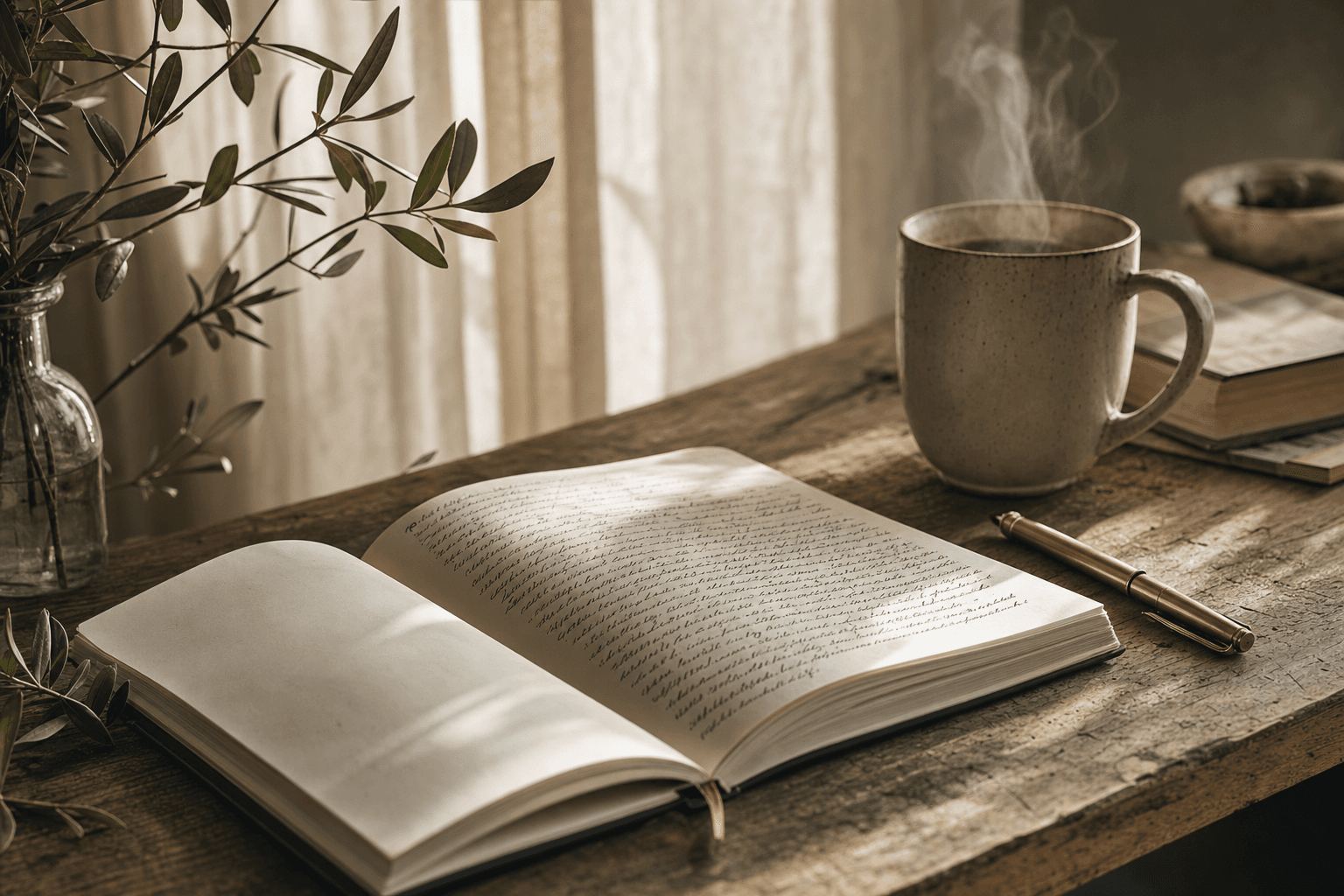 An open notebook with handwritten notes on a wooden desk, beside a brass fountain pen and a ceramic mug with steam — editorial still life representing the considered, manual verification work behind GLP-1 Picks' rankings
